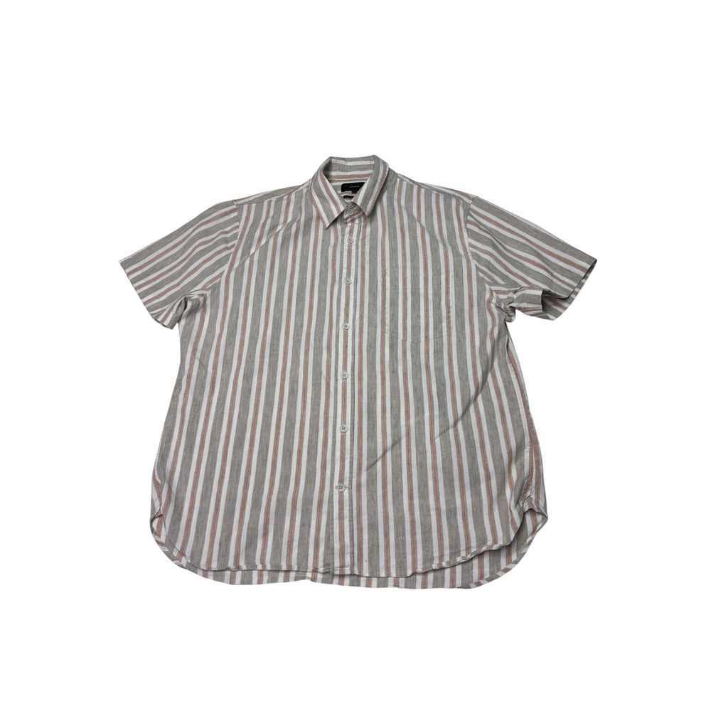 Vince Mens Classic Fit Linen Blend Striped Short Sleeve Shirt Tan Orange Large